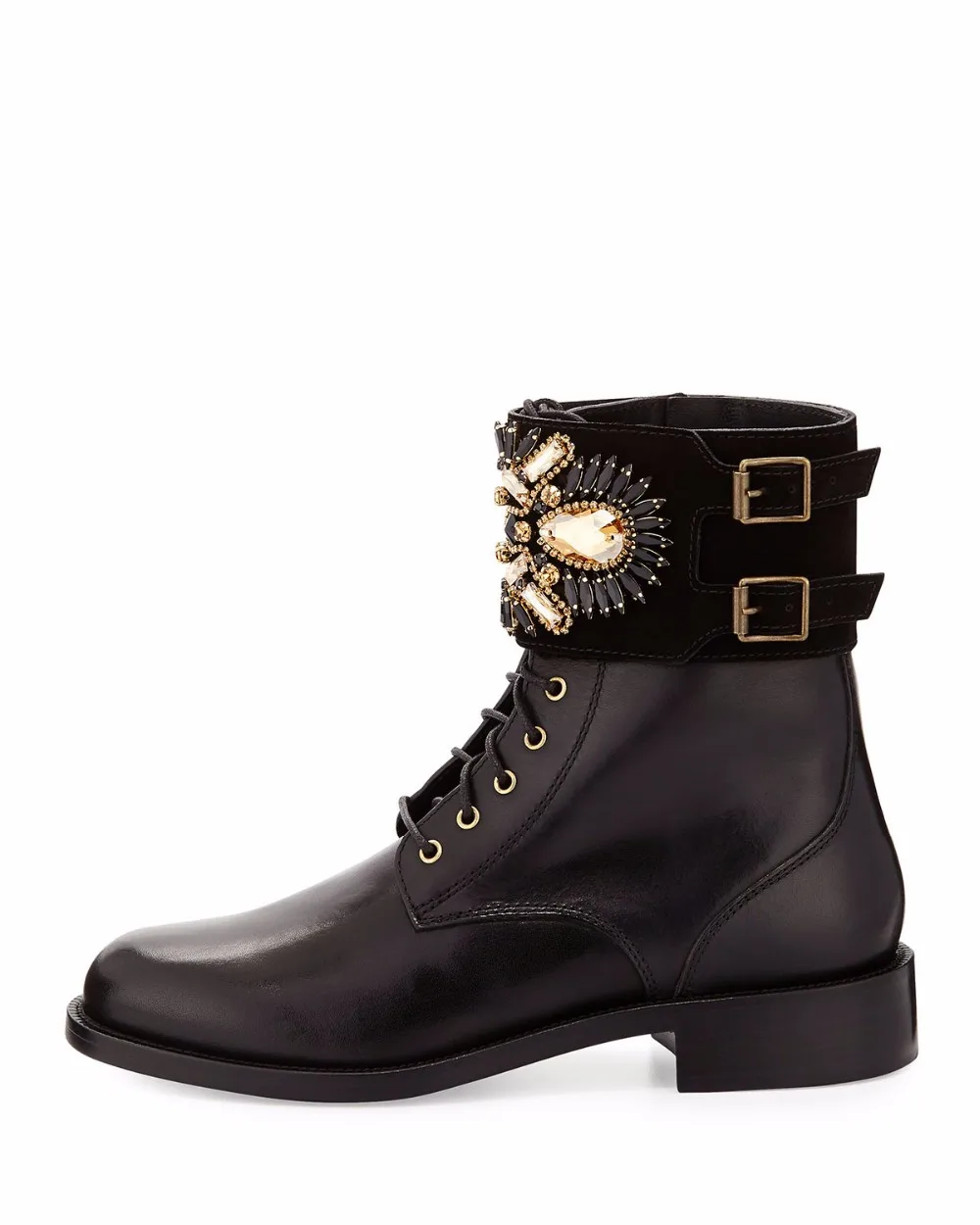 

Isastyle 2016 New fashion lace-up and buckle flat women's shoes round toe Rhinestone metal decorate ladies boots big size5-15