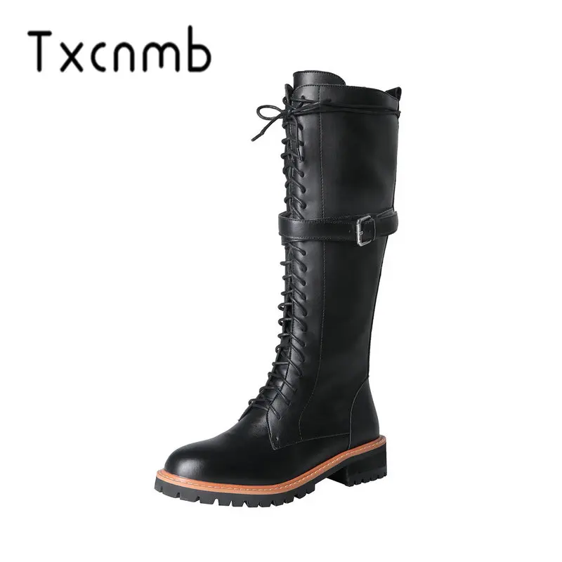 

TXCNMB Top Quality Women Genuine Leather Knee High Boots High Heels Zipper Long Warm Shoes Woman Winter Motorcycle Boots