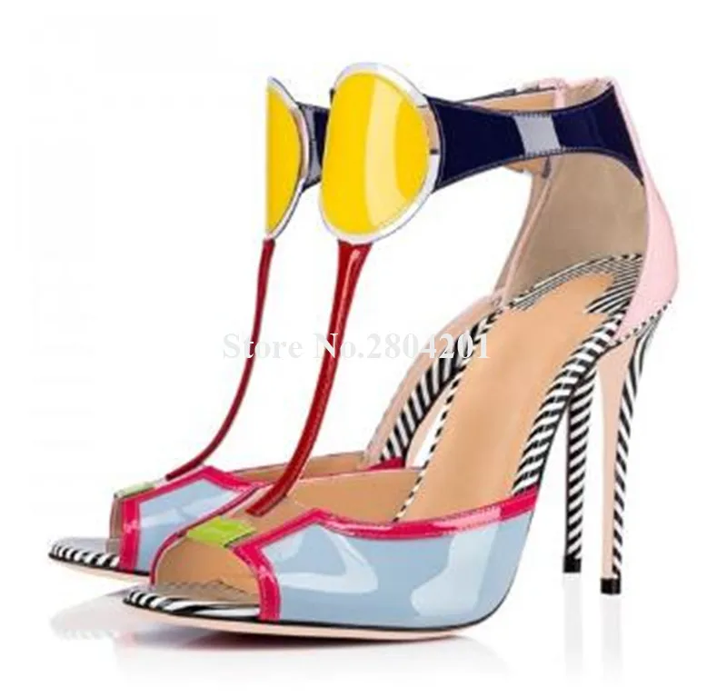 

Brand Design Women Fashion Peep Toe Patchwork Patent Leather Stiletto Heel Sandals Ankle Wrap Mixed-colors High Heels Dress Shoe
