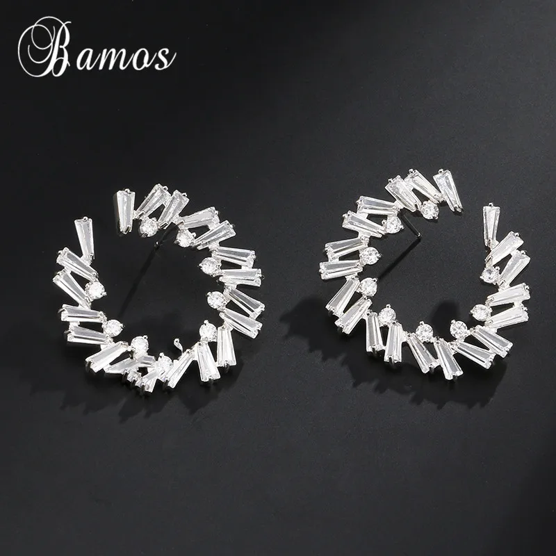 

Bamos New C Shape Design Silver/Rose/Yellow Gold Filled Round Stud Earrings For Women White AAA Zircon Earrings New Year Gifts