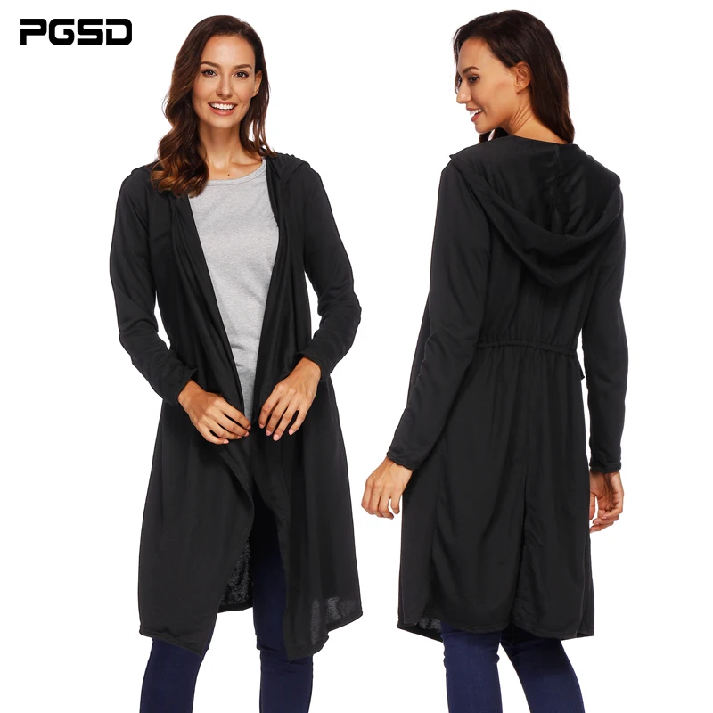

PGSD Autumn winter Women clothes Black simple Long sleeves Irregular Knitted sweater pocket hooded Medium long Cardigan female
