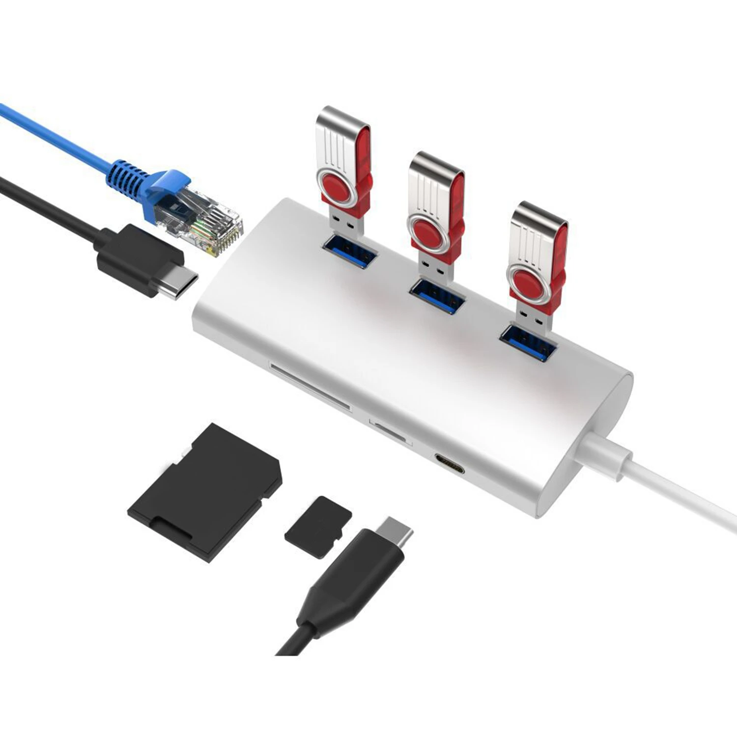 Type-C-концентратор(3 порта Usb3.0)+ Hdmi 4K+ Rj45 гигабит+ Pd зарядка+ 3,0 Sd/Tf считывание карт