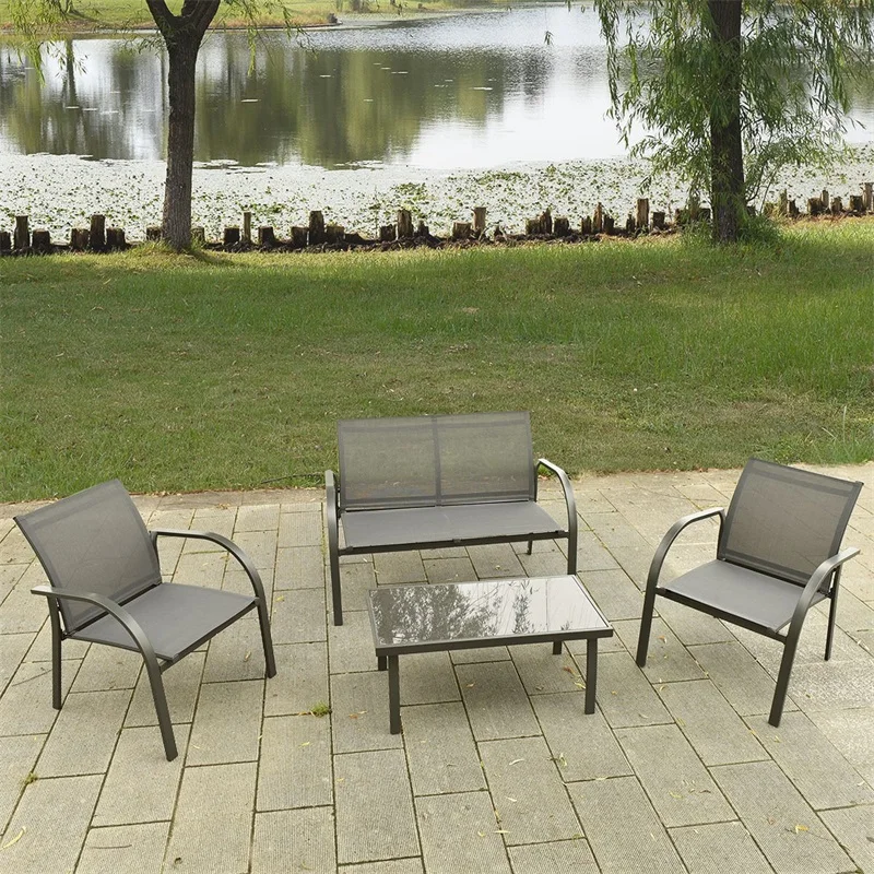 

4 Pcs Outdoor Patio Steel Table Chairs sets Garden Furniture Chairs and Sofa with Armrest Glass Top Coffee Table HW52143