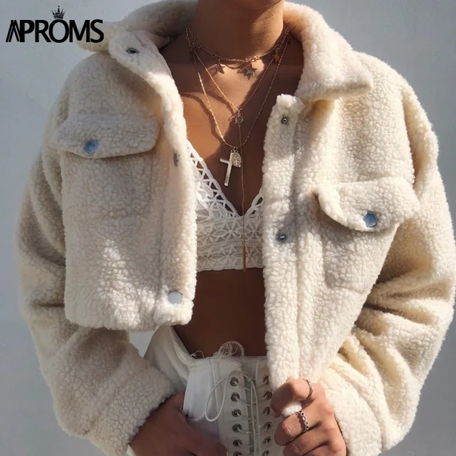Aproms Elegant Solid Color Cropped Teddy Jacket Women Front Pockets Thick Warm Coat Autumn Winter Soft Aproms Elegant Solid Color Cropped Teddy Jacket Women Front Pockets Thick Warm Coat Autumn Winter Soft Short Jackets Female 2019