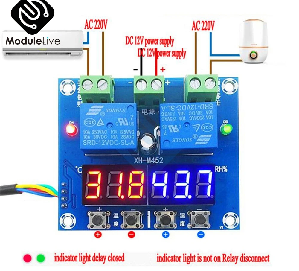 XH-M452 Высокоточный DC 12 В 10 А цифровой светодиодный модуль с двойным выходом и регулятором температуры и влажности 20-60 Цельсия-0%- RH