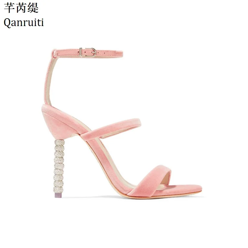 

Qianruiti Pink Gold Silver High Heels Women Gladiator Sandals Ankle Strap Cut-Outs Party Shoes Studded Crystal Heels Women Pumps