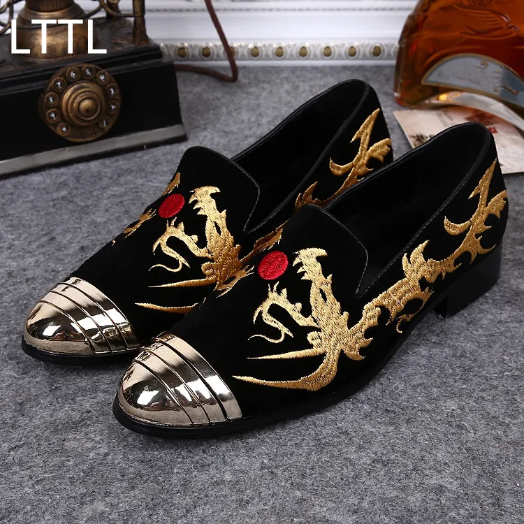 

Fashion LTTL Chinese style Suede Mens Loafers Gold Embroidery Male Loafers Outdoor Causal Flats Slip On Party Wedding Shoes Men