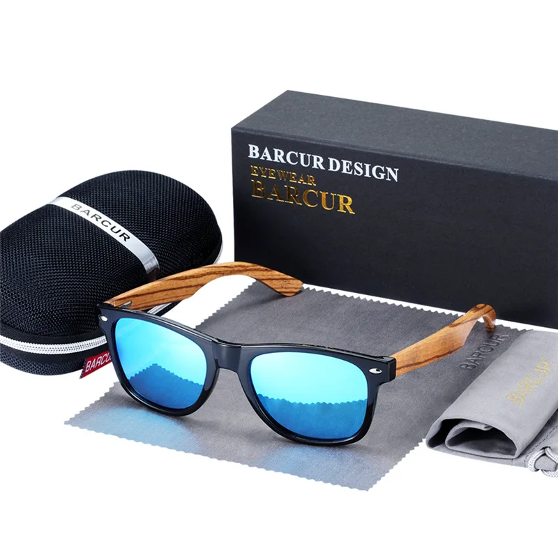 BARCUR, натуральная Зебра, дерево, солнцезащитные очки, поляризационные, деревянные, прямоугольные, зеркальные линзы, для вождения, UV400, для мужчин и женщин - Цвет линз: Skype Blue Polarized