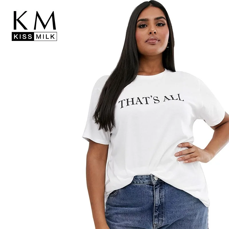 Kissmilk новые модные топы размера плюс с буквенным принтом простые остроумные белые футболки с вырезом лодочкой обычная футболка