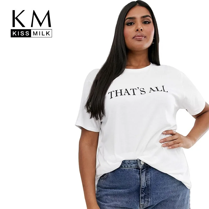 

Kissmilk 2019 New Fashion Plus Size Print Letter Tops Simple Witty Tees White Crew Neck Regular Fit Curve T-shirt