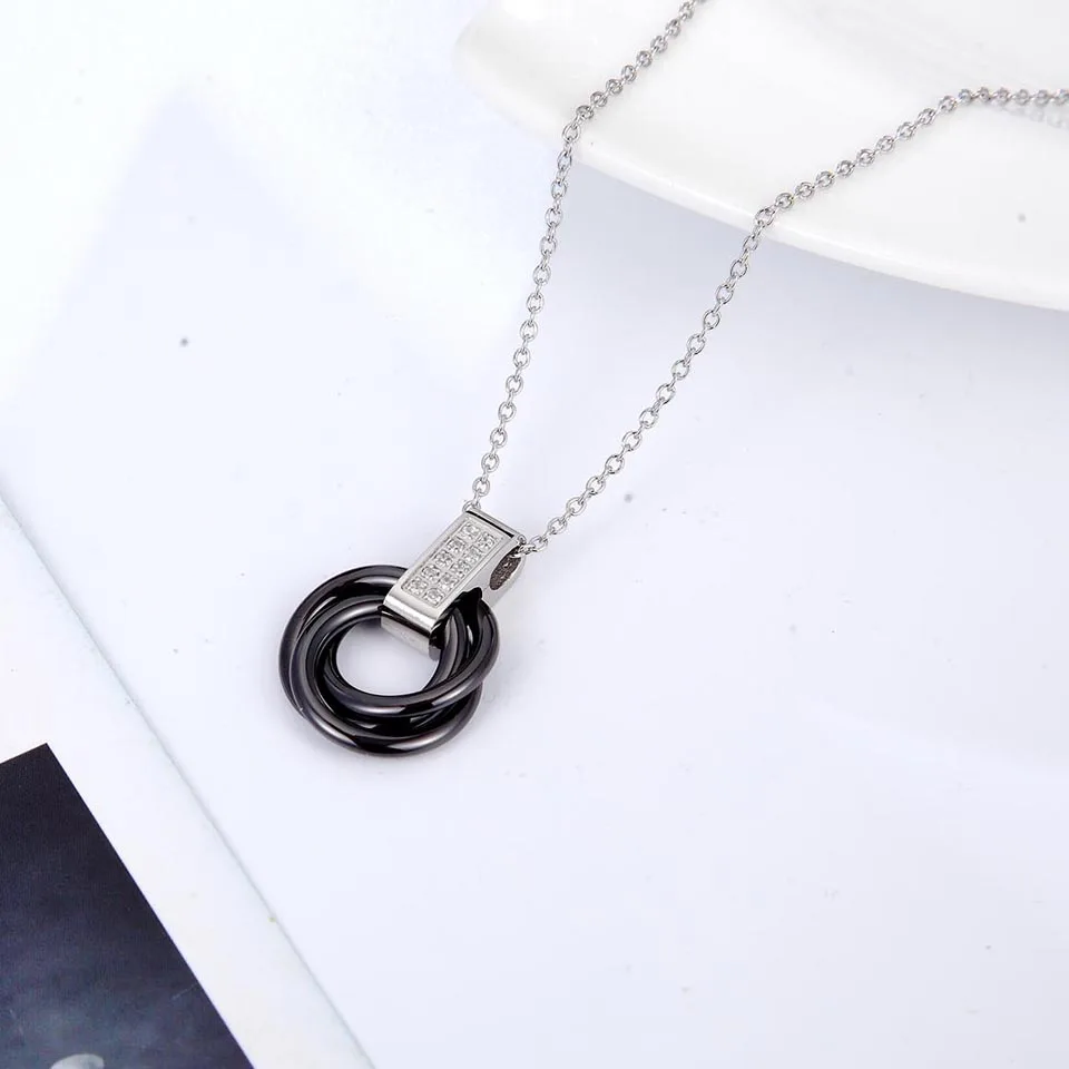 Классический 3 циклов черный Керамика кулон Цепочки и ожерелья для Для женщин Нержавеющая сталь простой Стиль кристалл кулон ювелирные изделия для женщин