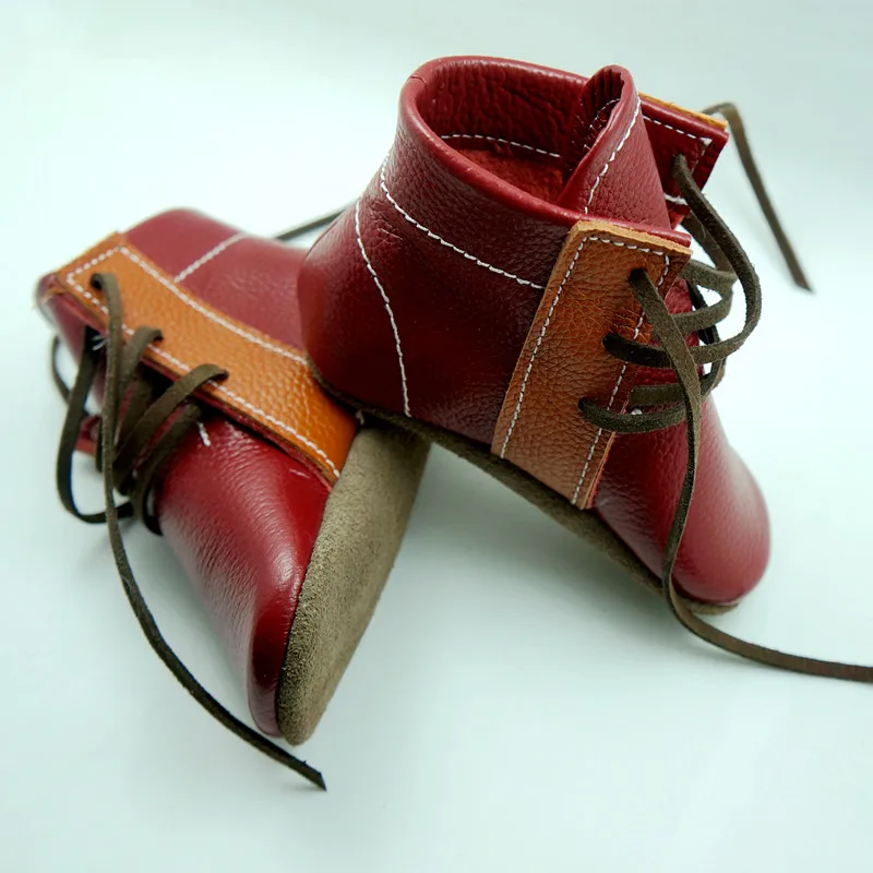 Spring Handmade Genuine Leather Baby Gils Boots Mixed Colors First Walkers Cowhide Lace-up Baby Moccasins Boy Shoes 2