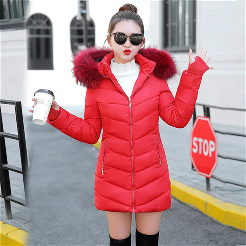 Зимняя куртка женская зимняя женская длинная куртка зимнее пальто Женская винно-красная Меховая куртка с воротником теплая Женская парка верхняя одежда пуховик - Цвет: Красный