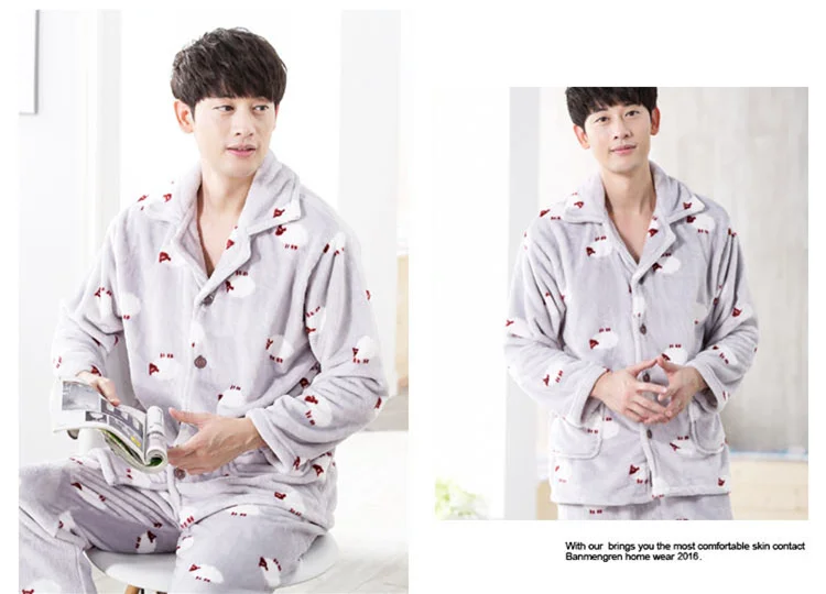 Pajamas Mens Flannel Pajama Suits Winter Autumn Sleeping Clothes Two Piece Nights Men Night Wear Clothing Thick Corduory 2018 New JW284 (6)