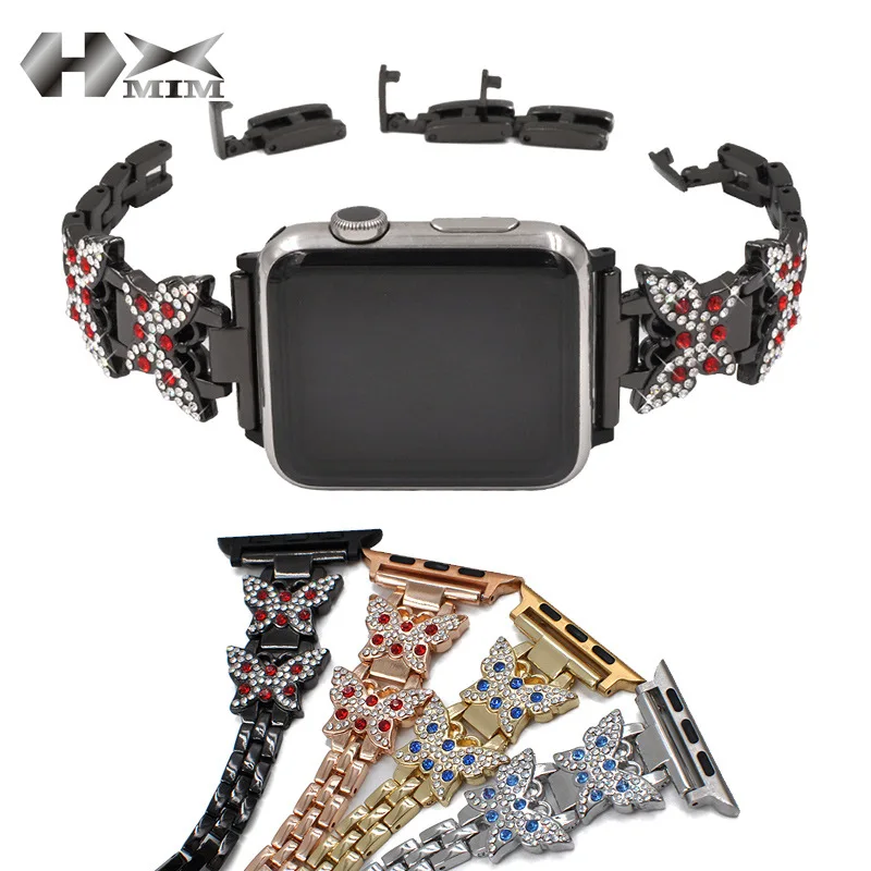 Нержавеющая сталь часы ремешок для apple Watch iwatch 42 мм/38 мм/22 мм бабочка бриллиант