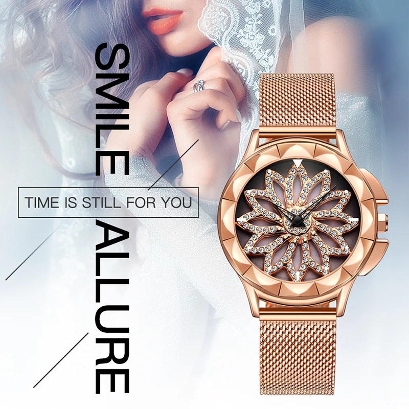 Crystal Rose Gold Ladies Watches Luxury Famous Brand Women's Wrist Watches Fashion Rhinestone Women Quartz Flower Bracelet Clock