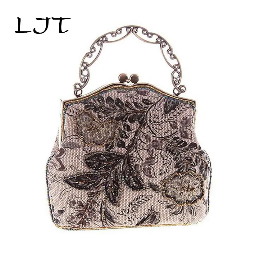 

LJT 2019 Autumn Handmade Bead Embroidery Linen Bag Lady Elegent Retro Matchmaker Handbag Ladies Evening Party Clutch Purse