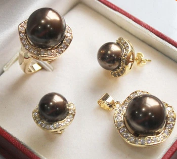 

Jewelry Set hook>Beautiful 12-14mm Chocolate shell pearl yellow gold jewelery set AAA style Fine Noble