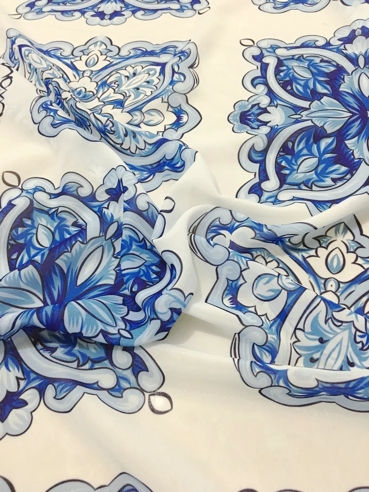 Голубая шифоновая ткань majolica мягкая тонкая для женского платья китайский стиль