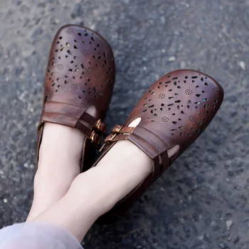 

Artmu Summer New Genuine Leather Handmade Retro Literature and Art Hollow Women Shoes Flat-soled Belt Buckle Soft Flat Shoes