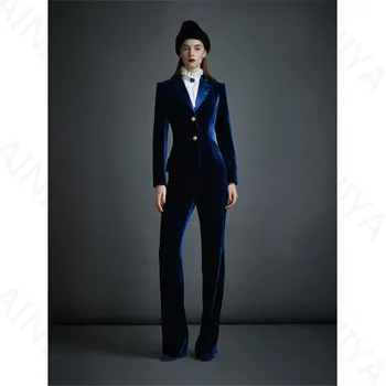 

Dark Blue Velvet Women's Business Suits Formal Office Pant Suits Female Work Wear 2 Piece Sets Slim Fit Uniform Designs Blazers