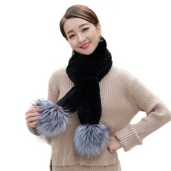 

Long Fashion Women Winter Warm Genuine Rex Rabbit Fur Scarf Black Real Fur Wraps Cute Fur Ball
