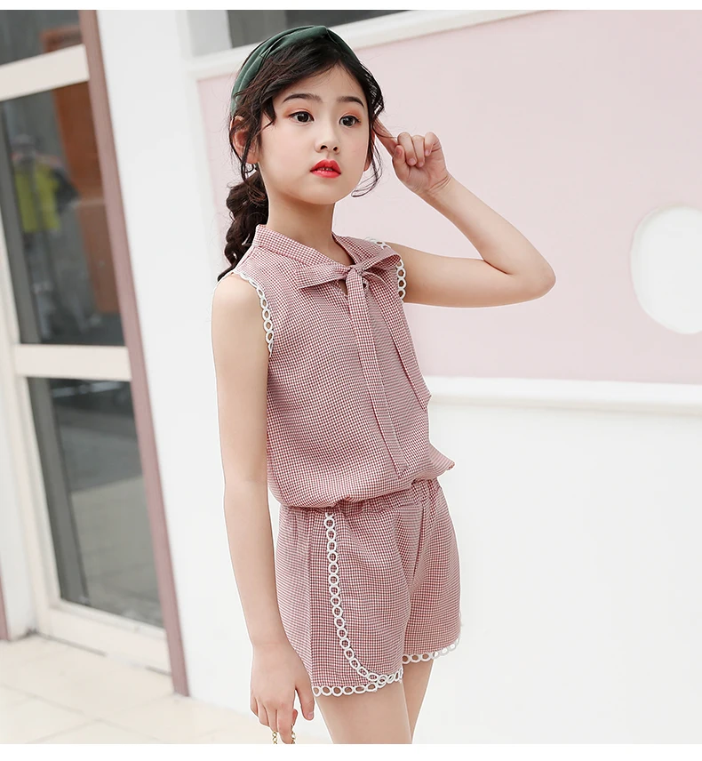 

Summer 2019 Kids fashion girls clothing sets 2 pcs Lattice lace shirt & short pants set for girls clothes