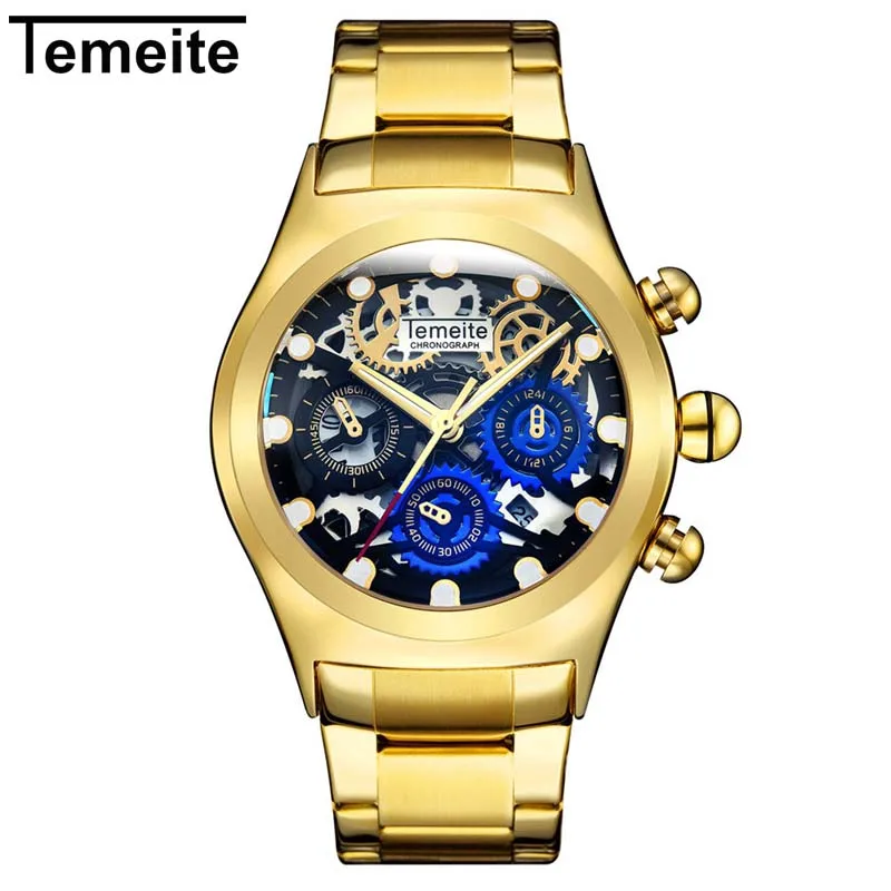 Прямая поставка Temeite Relogio Masculino роскошные модные мужские часы Топ бренд бизнес Скелет кварцевые часы водонепроницаемые мужские часы - Цвет: Gold Black