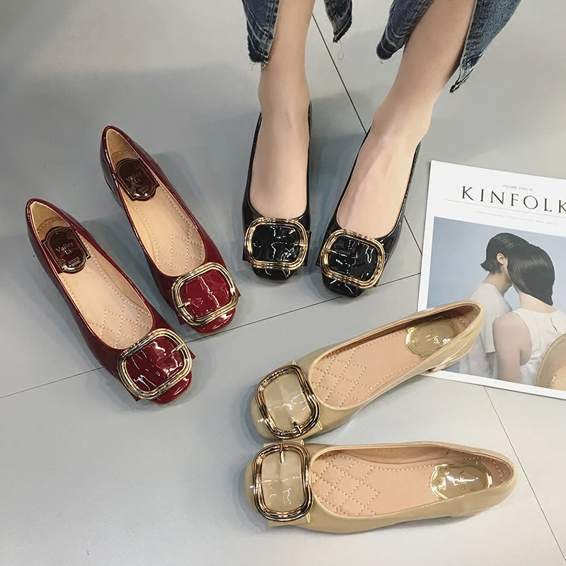 

Korean version square buckled metal decor women retro pumps female fashion lacquer leather slip-on light comfortable shoes