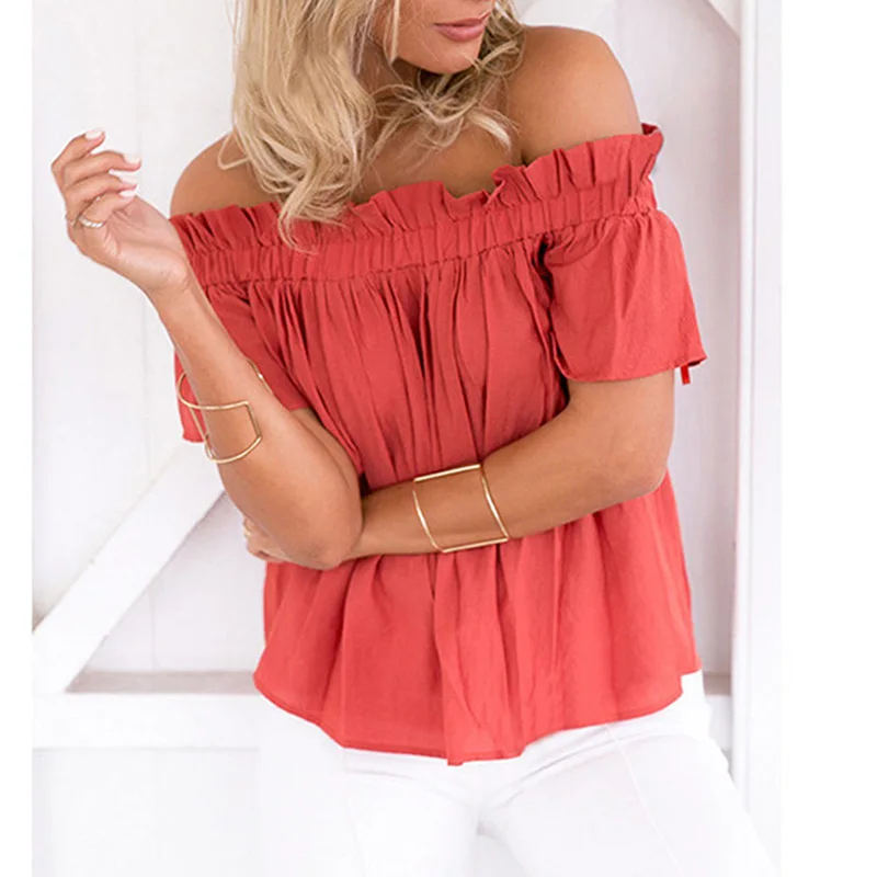 

Women Ruffle Short Sleeve Off Shoulder Fashion Solid Color Tops for Summer Beach Party -MX8