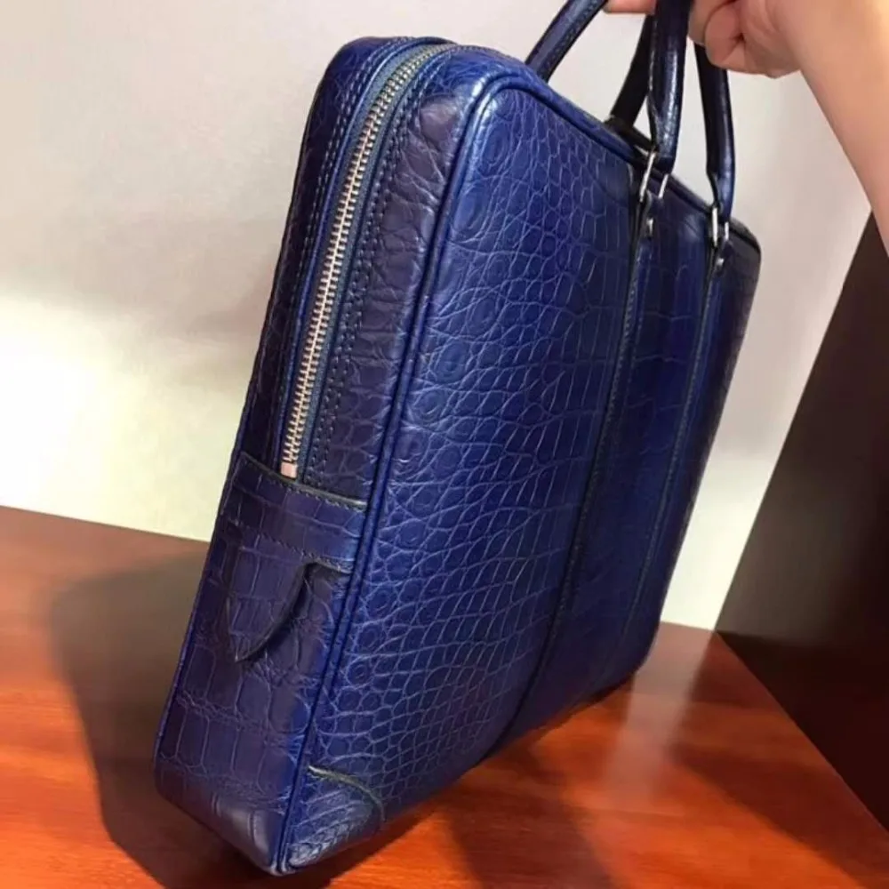 newly production Men's Genuine/Real Crocodile belly Skin Briefcase official Bag, blue Crocodile skin Business Men Bag