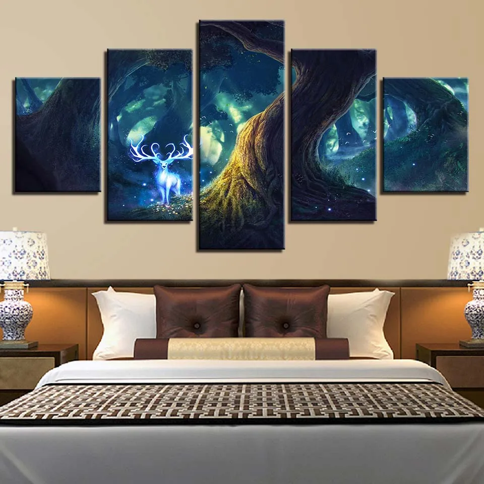 

Canvas Paintings Living Room Wall Art Decor 5 Pieces Tree Deer God Poster Forest Animal Bucks Fairy HD Prints Pictures Framework