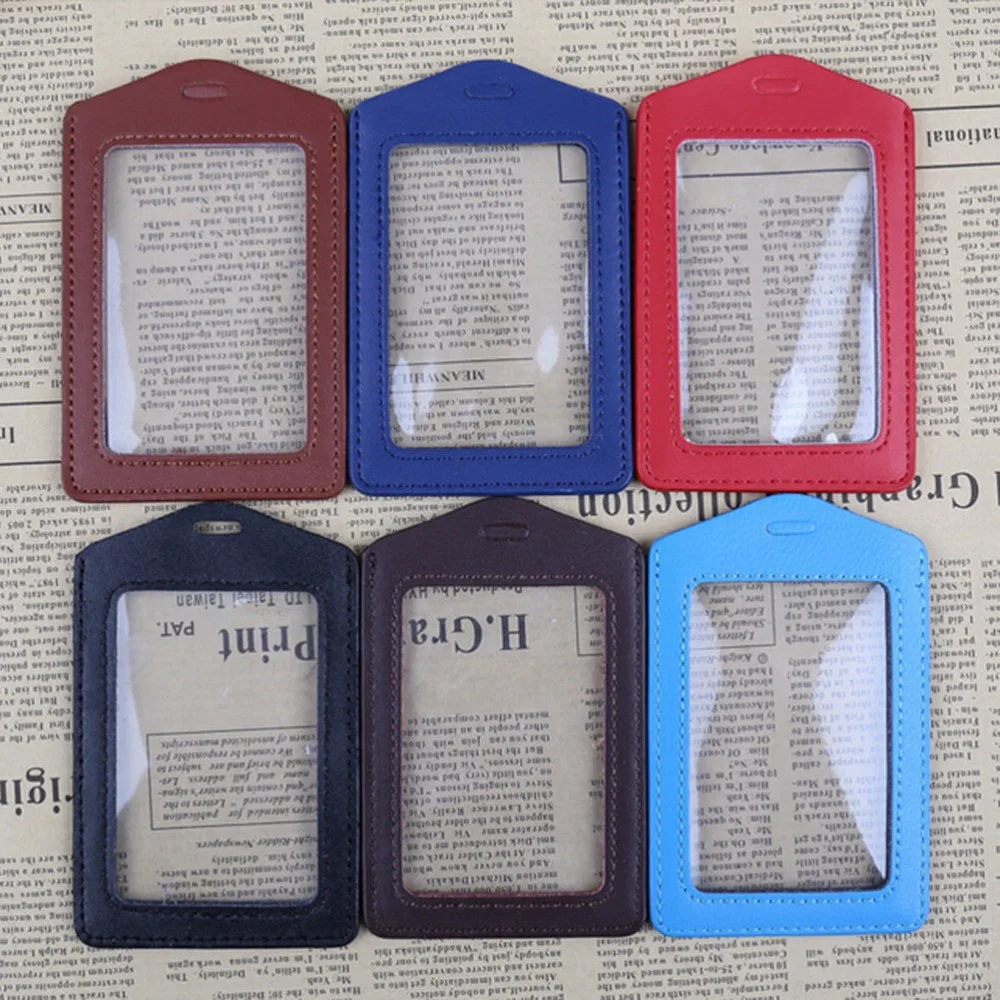 

2PCS Pu Leather ID Badge Case Clear with Color Border & Lanyard Holes Bank Credit Card Holders Card Bus ID Holders