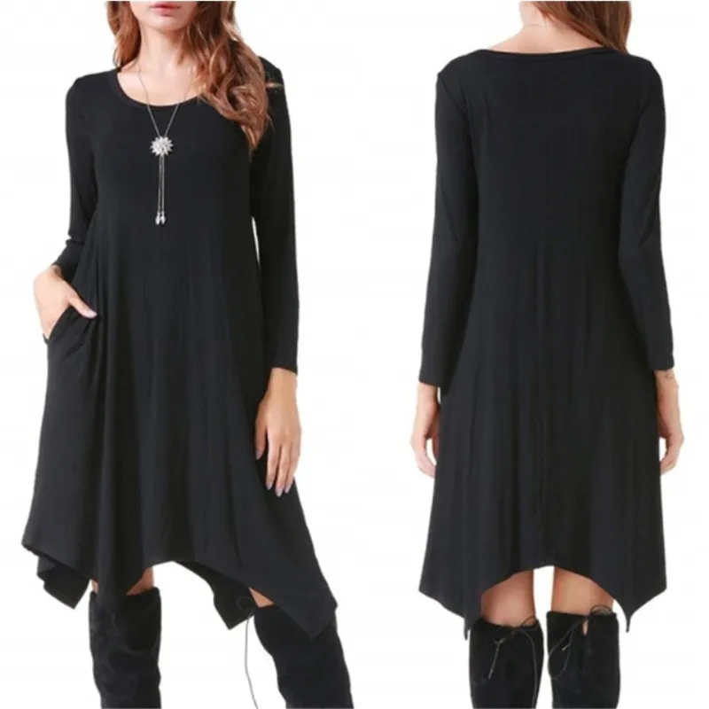Осенне-зимнее хлопковое женское платье с длинным рукавом, необычное свободное платье, повседневное черное платье размера плюс, мини-платье, модная одежда 3XL - Color: 8302 Black