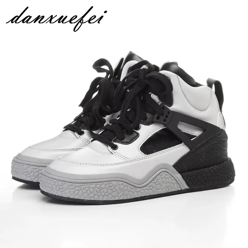 

Women's Genuine Leather Patchwork Lace-up Platform Flats Leisure Espadrilles Brand Designer High Top Female Footwear Shoes Women