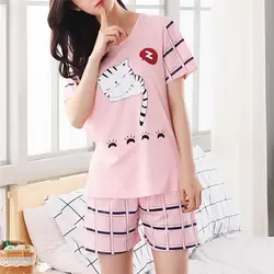 Милые Ночная сорочка Повседневное дома Услуги короткие пижамы Лето молодая девушка короткий рукав хлопковые пижамы для Для женщин M-2XL