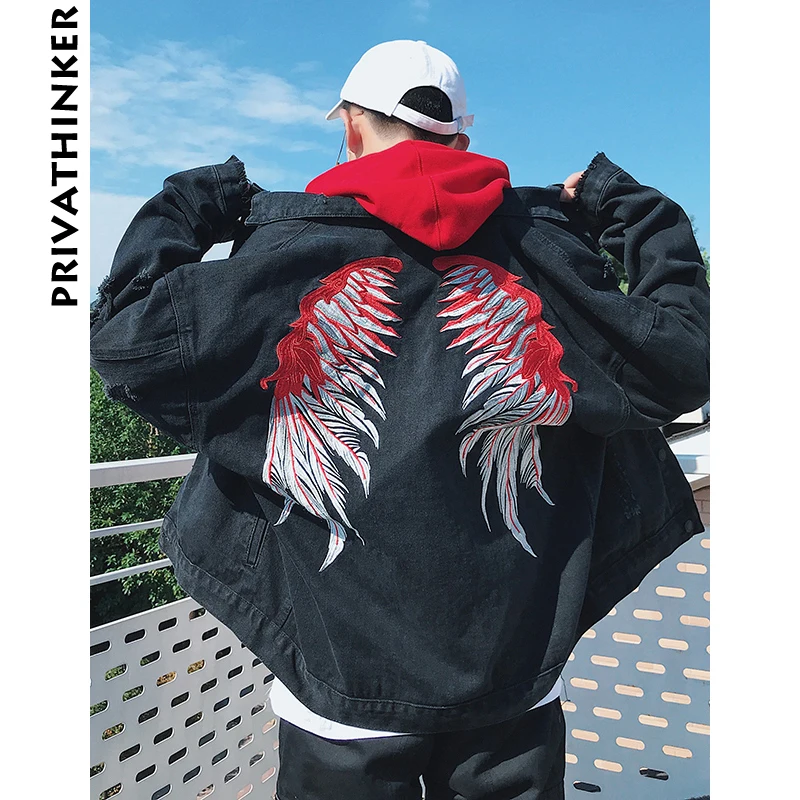 

Privathinker Wings Jean Denim Jacket Men 2018 Winter Retro Black Denim Jackets Male Korean Fall Embroidery Thicken Jackets Coats