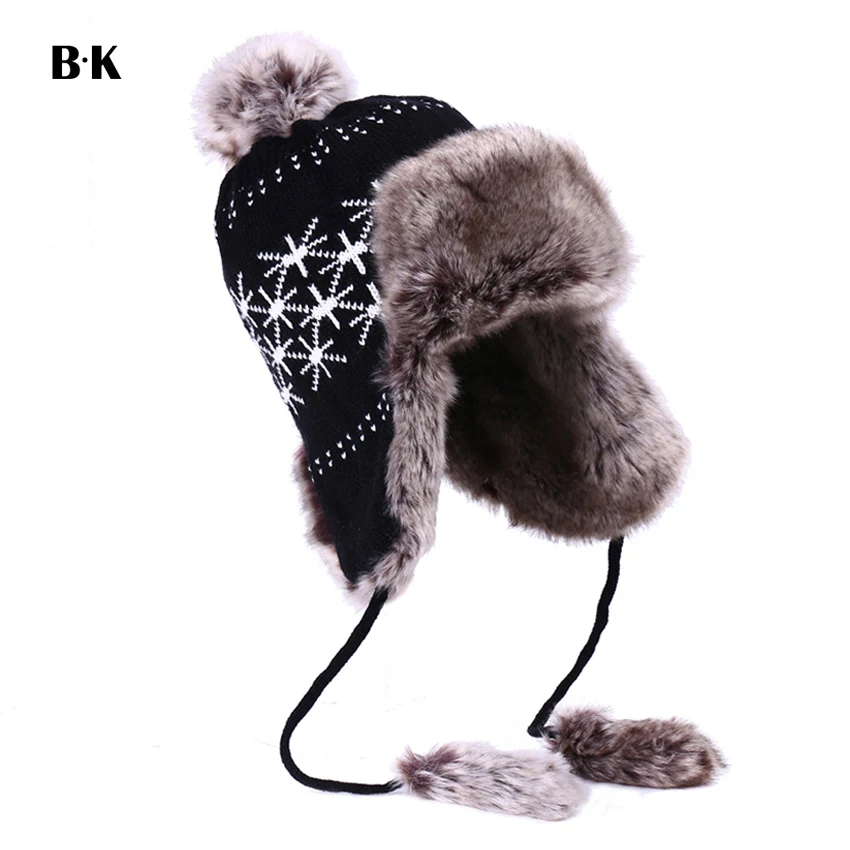 Bomber Hat Women Winter Russian Ushanka Wool Knit Pom Pom British Flag