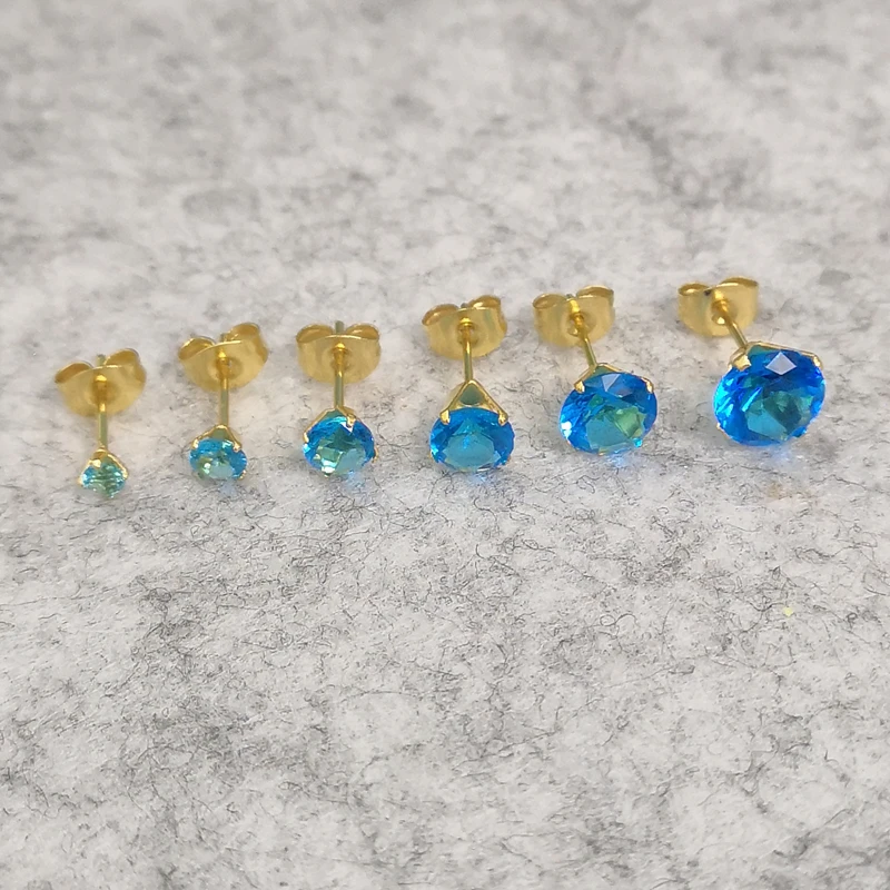 

316 L Stainless Steel Stud Earrings With Ocean Blue CZ From 3mm to 8mm Real-Golden Plated No Easy Fade Allergy Free