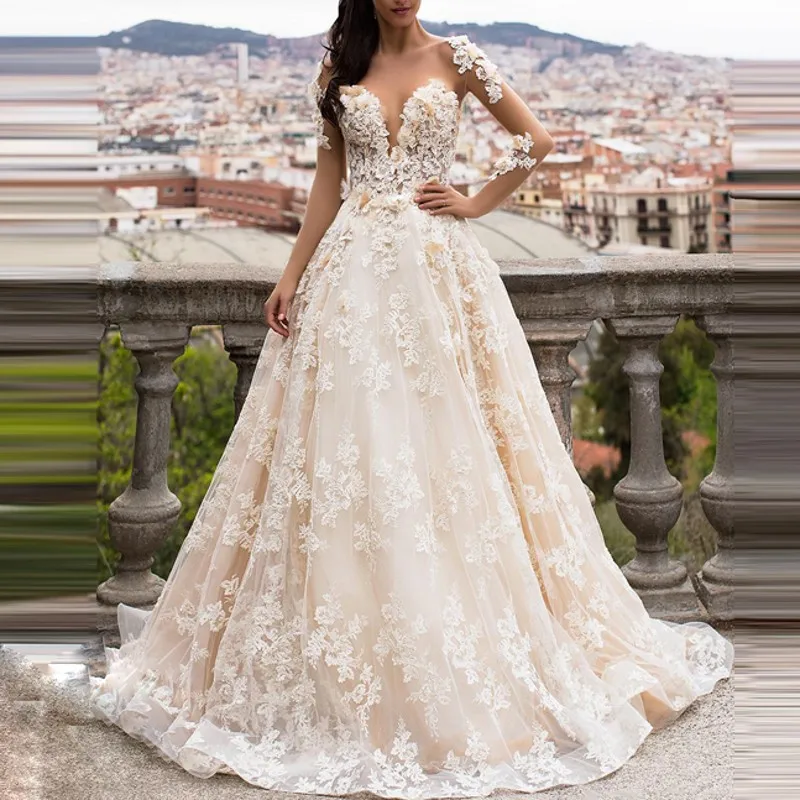 

casamento Beaded Wedding Gowns Long Floral Bridal Dresses Vestido De Noiva Appliques Wedding Dress 2019 Open Back Custom