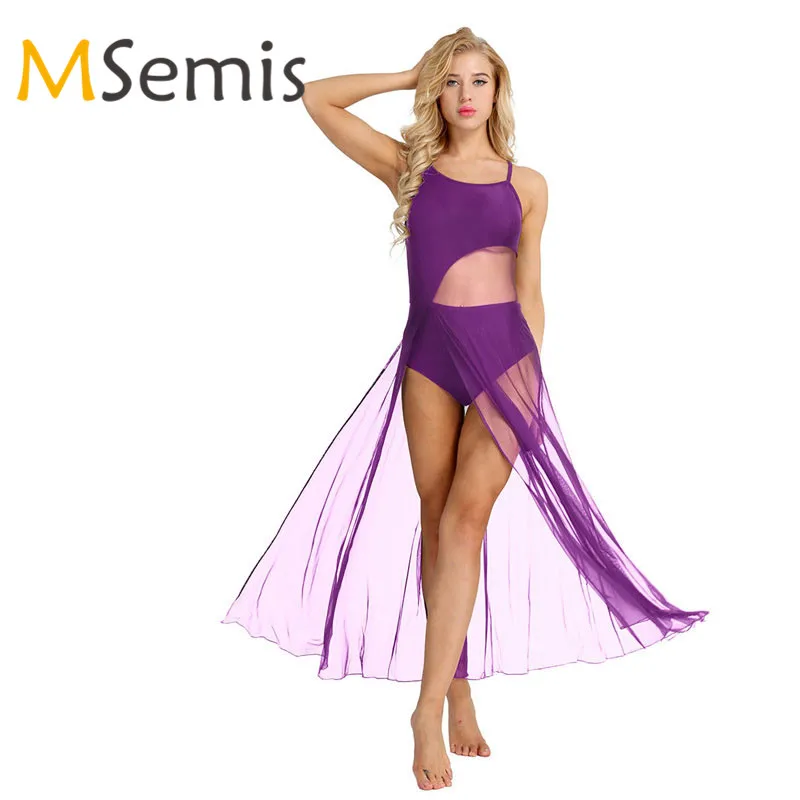 

Women Ballroom Dress Adult Ballroom Dance Costume Asymmetrical Dancewear Spaghetti Strap Mesh Maxi Dress with Built-In Leotard