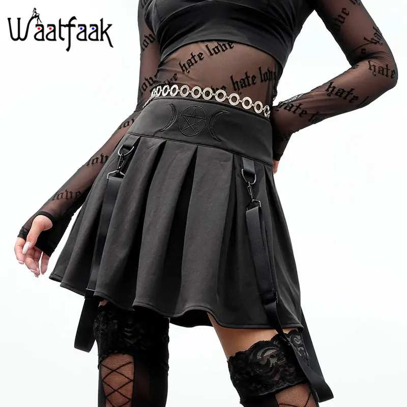 

Waatfaak Belt High Waist Embroidery Black Pleated Skirt Mini Punk Summer Streetwear Gothic Skirts Ladies Harajuku Jupe Female