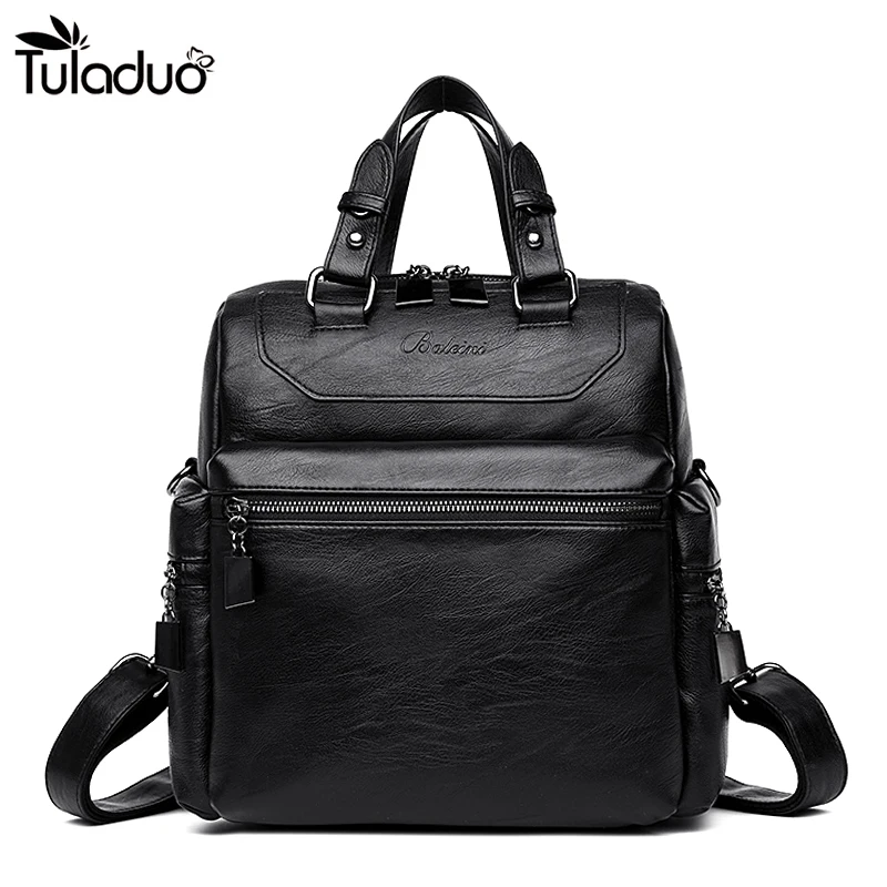 Women Black Square Leather Backpack With Solid Pockets Shoulders Travel Bag Fashion Soft Back ...