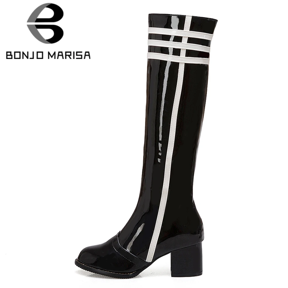 BONJOMARISA/ г. Зимние брендовые непромокаемые сапоги до колена размера плюс 34-48 женская модная обувь из PU искусственной кожи на меху на высоком каблуке Женская водонепроницаемая обувь