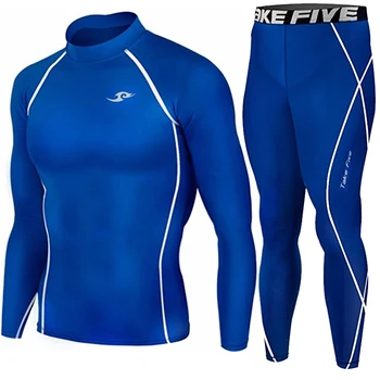 

New Premium Take Five Men's Compression Skin Tight Long Sleeve Top & Pants Sets-039+054 Blue