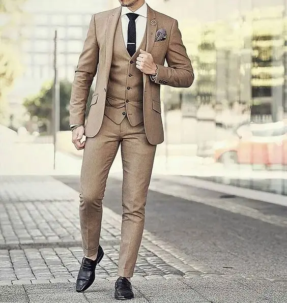 5914 40 De Réductiondernières Manteau Pantalon Conceptions Kaki Marron Mariage Hommes Costume Slim Fit 3 Pièce Smoking Costumes Personnalisés