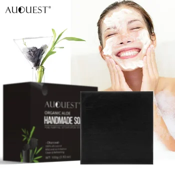 

Pure AuQuest Bamboo Charcoal Handmade Oil Soap Exfoliation Pores Shrink Bioactive Whitening Body Face Cleanser Beauty Care TSLM1