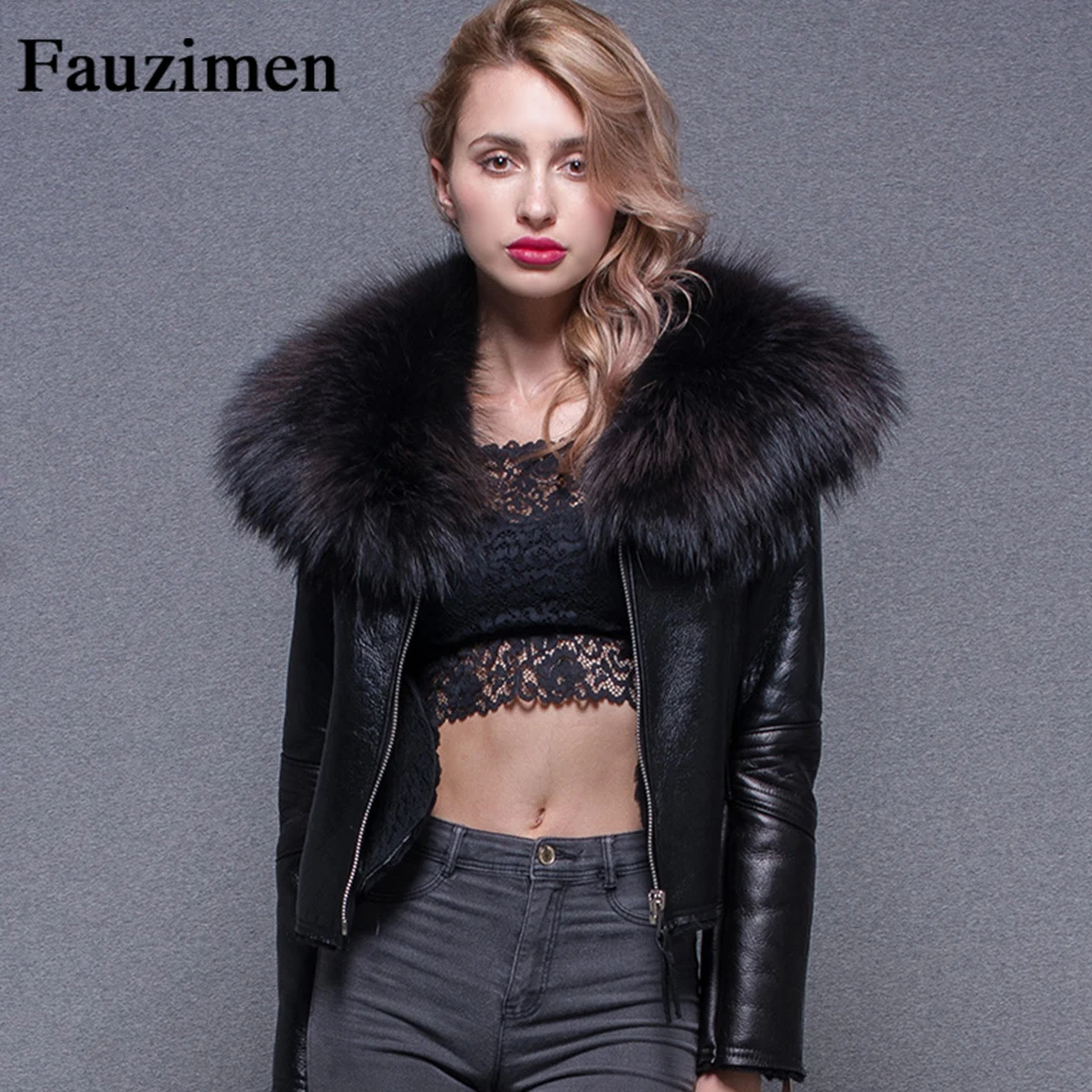 

Genuine Leather Jacket Women 2019 Fashion Real Sheepskin Coat fur hood Rivet Motorcycle Biker Jacket Female Sheep Leather Coat