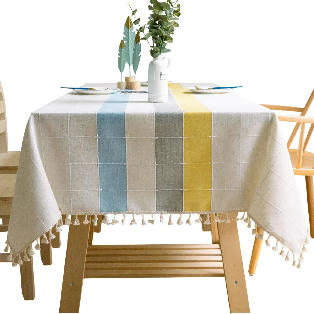 Modern Simple Christmas Tablecloth Yellow Plaid Woven Striped Stitching Table Cloth Lace Pendant De