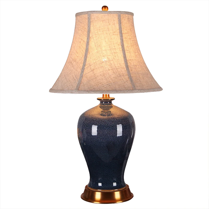 

High End Elegant Retro Deep Blue Chinese Glaze Ceramic Fabric Dimmer E27 Table Lamp For Bedroom Bedside Living Room Study H 65cm